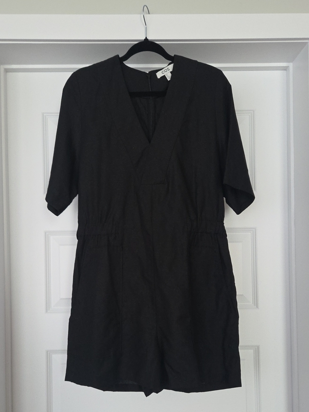 COS Linen Blend V-neck Romper, Black, Size 8